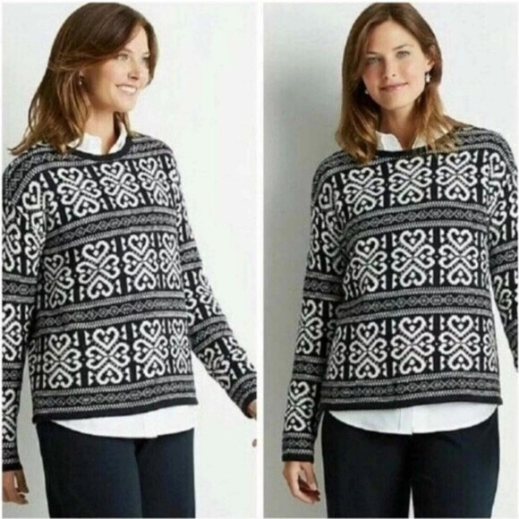 J. Jill Black & White Wool Blend Fair Isle Hearts Long Sleeve Pullover Sweater - Picture 1 of 10